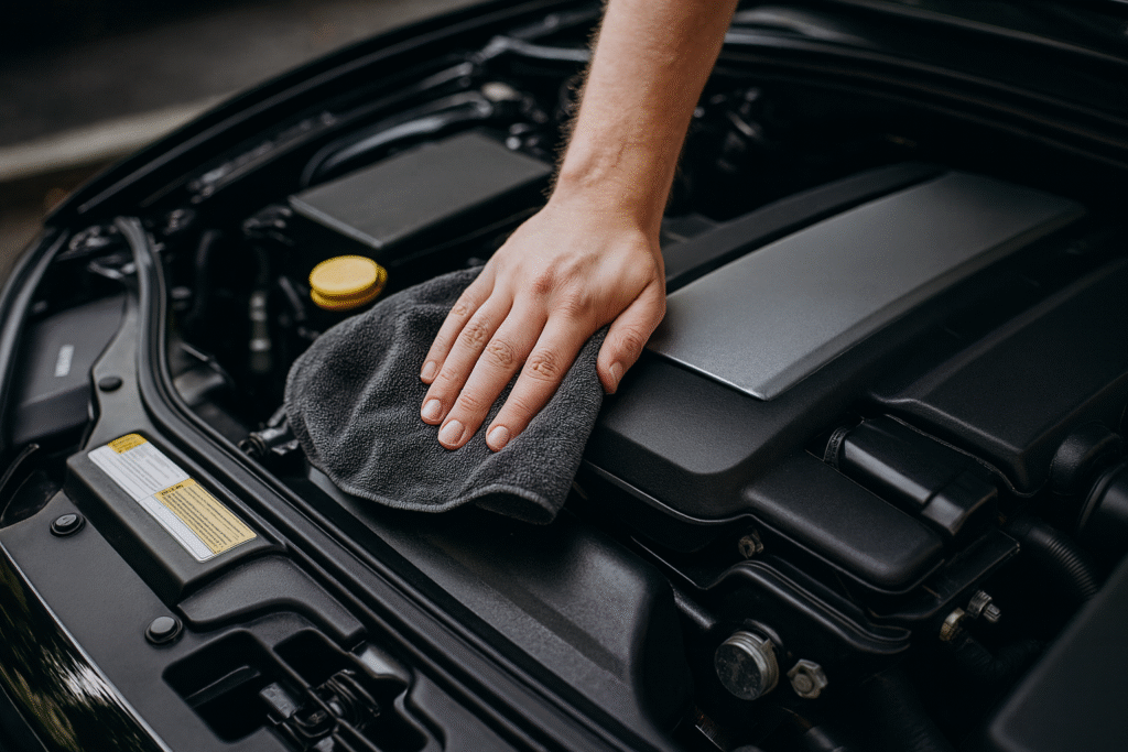 engine cleaning clean engine bay of black sedan with detailed components