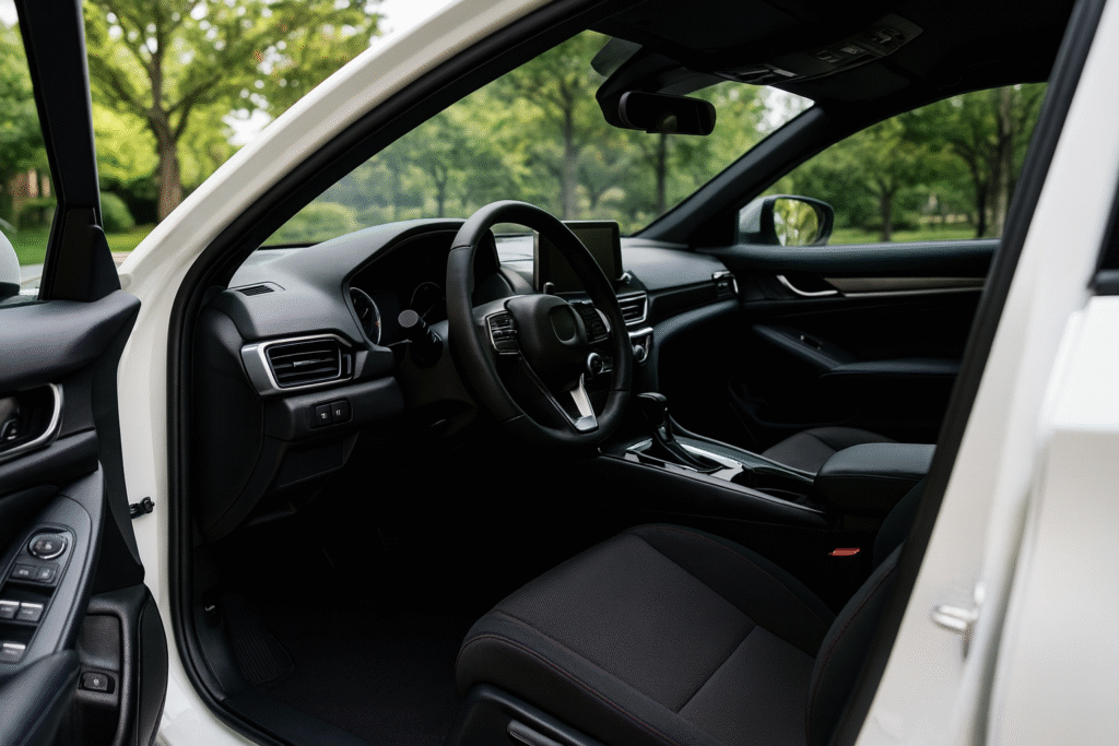 interior car detailing clean white sedan with dashboard and seats in outdoor environment