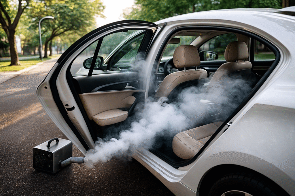 Deep Car Interior Sanitization: Complete Disinfection for a Healthier Vehicle 1 car interior sanitization steam cleaning inside white sedan for deep vehicle disinfection