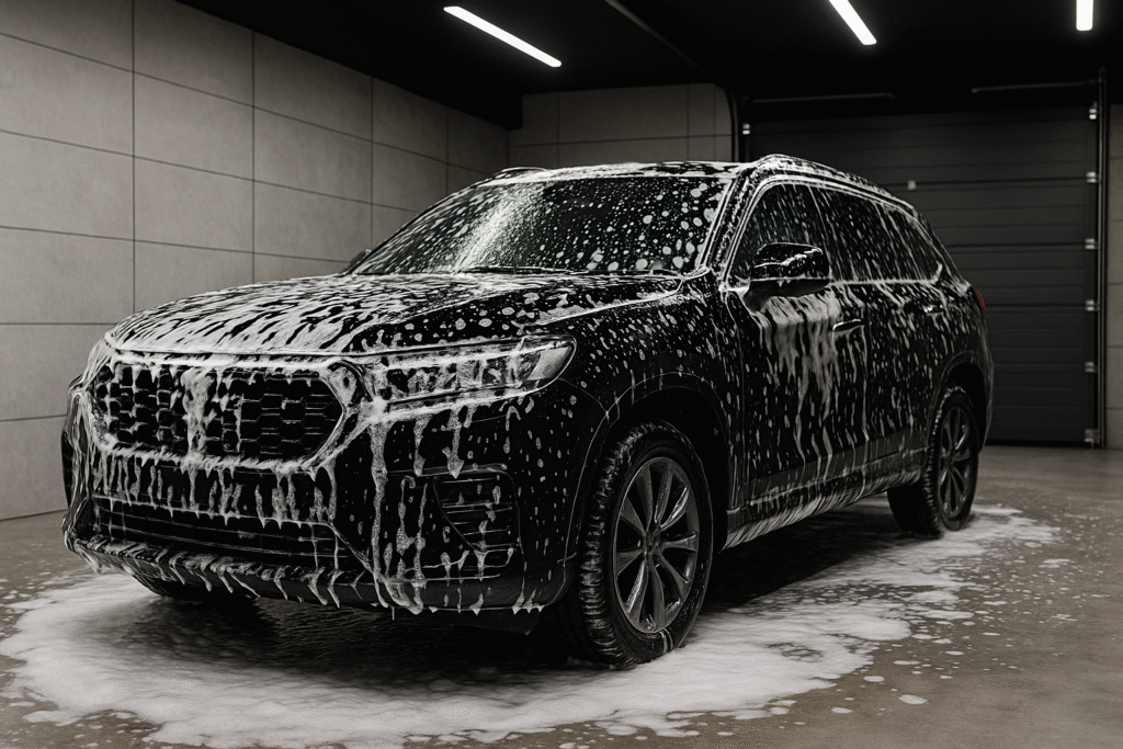 full pro detailing wash on black SUV in professional garage