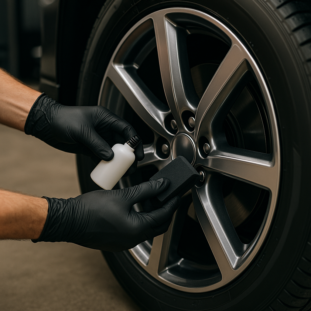 The Benefits of Ceramic Coating for Wheels 2 Close-up of a microfiber towel buffing the ceramic-coated wheel surface, highlighting the smooth, glossy finish.