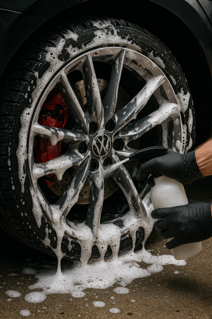 Detailer applying high-foam wheel cleaner to dirty alloy wheel.
