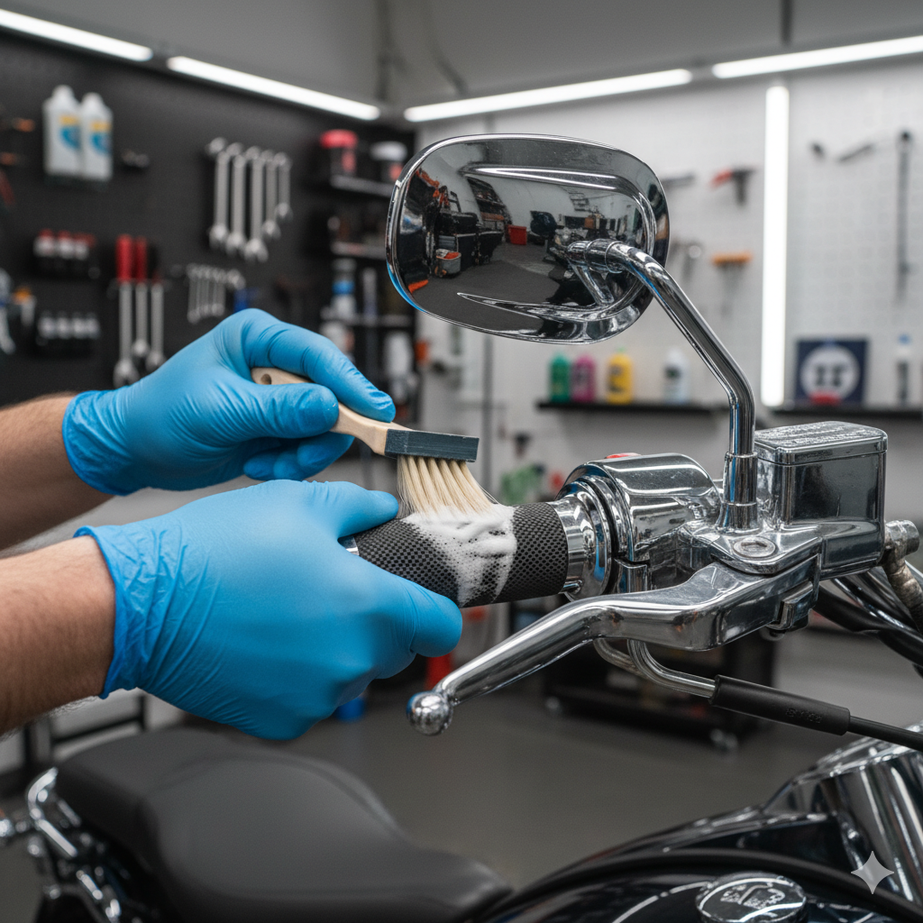 7 Steps for Effective Motorcycle Handlebar Cleaning 2 Detailer cleaning motorcycle handlebar grip with brush and gloves.