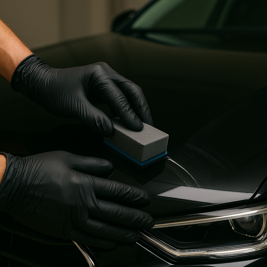 Detailer using a polishing pad to apply automotive paint protection on a red vehicle panel, with strong lighting highlighting the glossy finish.