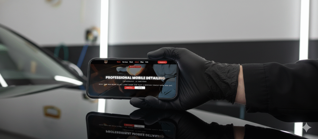 Gloved hand browsing Lazarus Pro Detail website on smartphone above glossy car hood.