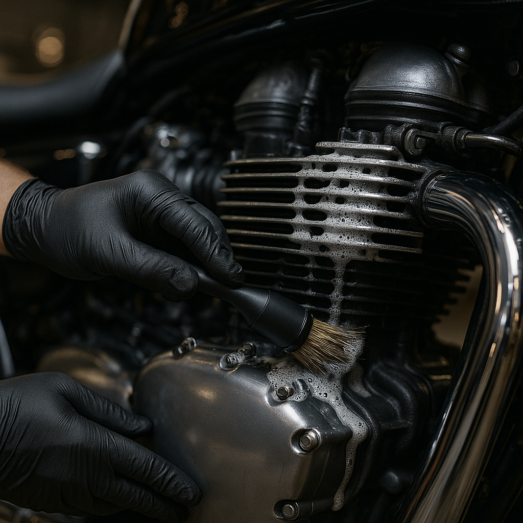 Gloved hands cleaning a motorcycle engine with microfiber towel and degreaser.