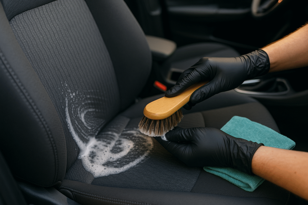 How to Clean Car Seats the Right Way 1 Gloved hands scrubbing a car seat with upholstery cleaner and a detailing brush.