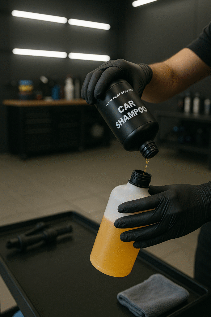 A Professional Review of High-Performance Car Shampoo for Detailers 1 Hands pouring high-performance car shampoo into foam cannon bottle.