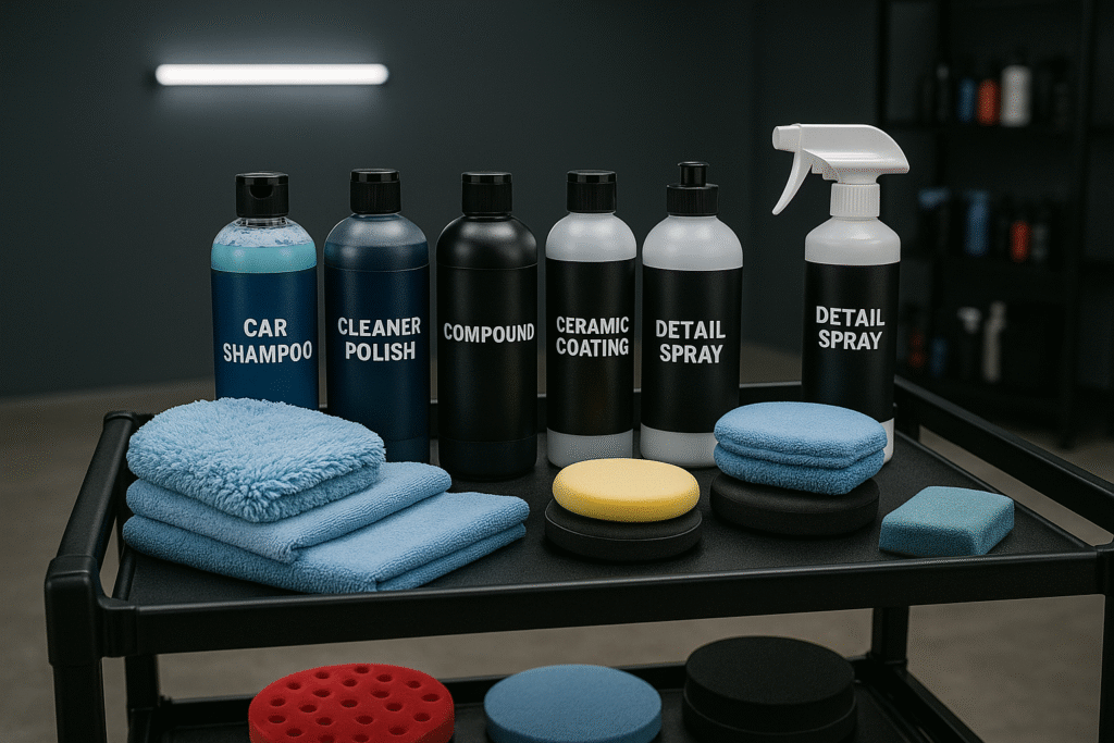 The Best Car Detailing Products Reviewed for Professional-Grade Results 1 Organized cart displaying the best car detailing products reviewed for professional use.