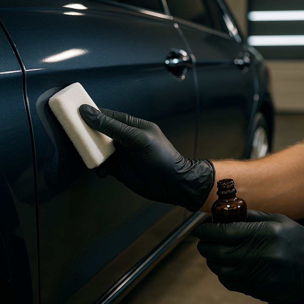 The Importance of Paint Protection for Preserving Your Vehicle’s Exterior 2 Professional applying paint protection to vehicle panel with high-gloss finish.