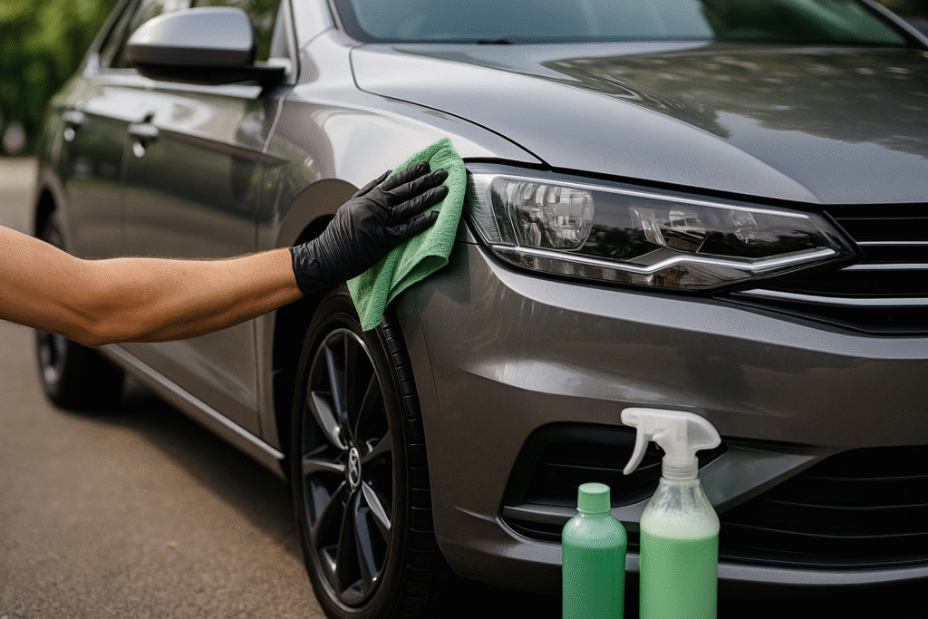 Waterless Car Detailing Services: The Smart Way to Save Water 1 waterless car detailing with a gloved hand wiping a silver sedan using eco-friendly dry wash products